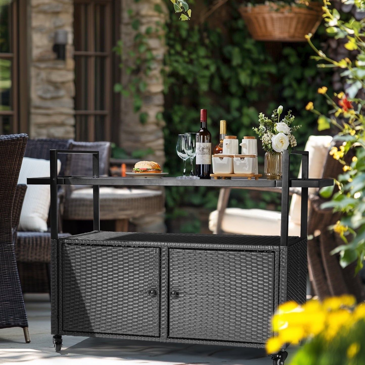 HiiKaa Large Outdoor Kitchen Wicker Island,Rolling Cart & Patio Bar Table with Wheels and Black Glass Table Top for Backyard,Poolside,Black
