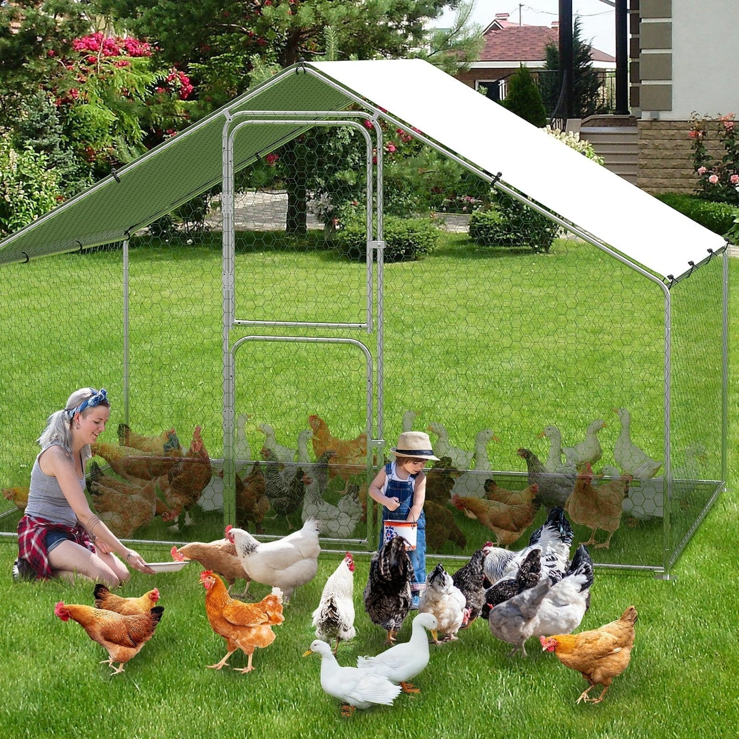Danolapsi Large Metal Chicken Coop Run for Waterproof and Anti-UV Roof Cover,Outdoor Walk-in Cage Peak Hen House for Yard Farm
