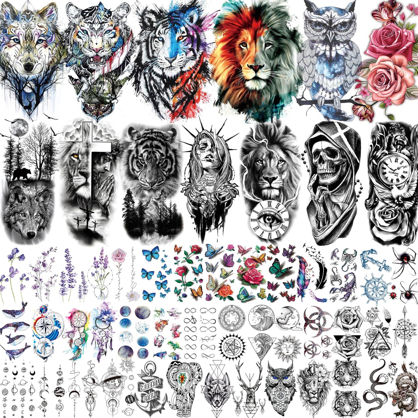 VANTATY 54 Sheets Large Watercolor Lion Owl Temporary Tattoos For Women Arm Adults Thigh, 3D Long Lasting Temp Tattoo Sticker For Men Chest Shoulder, Wolf Tiger Bulk Fake Tatoos Kit Set Rose Butterfly