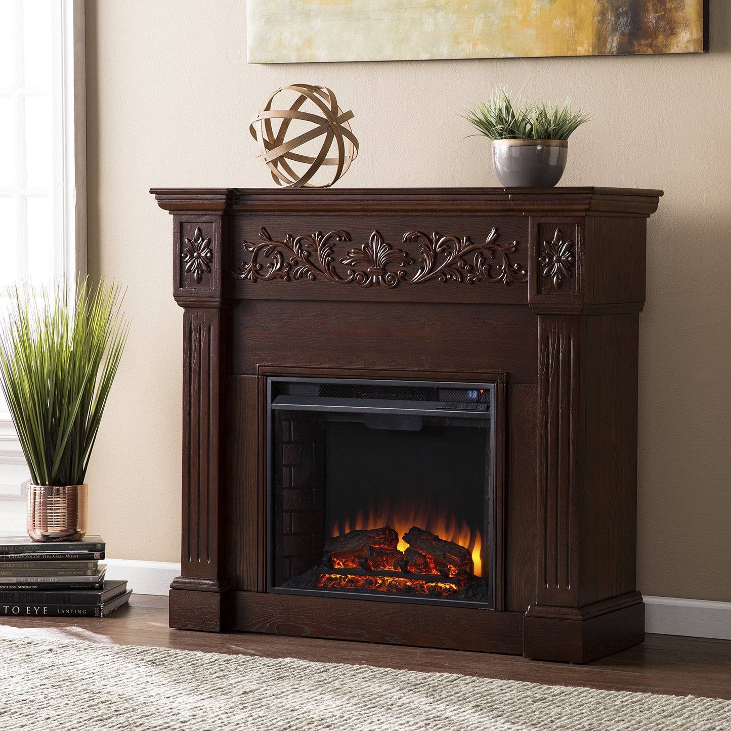 SEI Furniture Calvert Electric Carved Floral Trim 44" Fireplace, Espresso (AMZ8729EF)