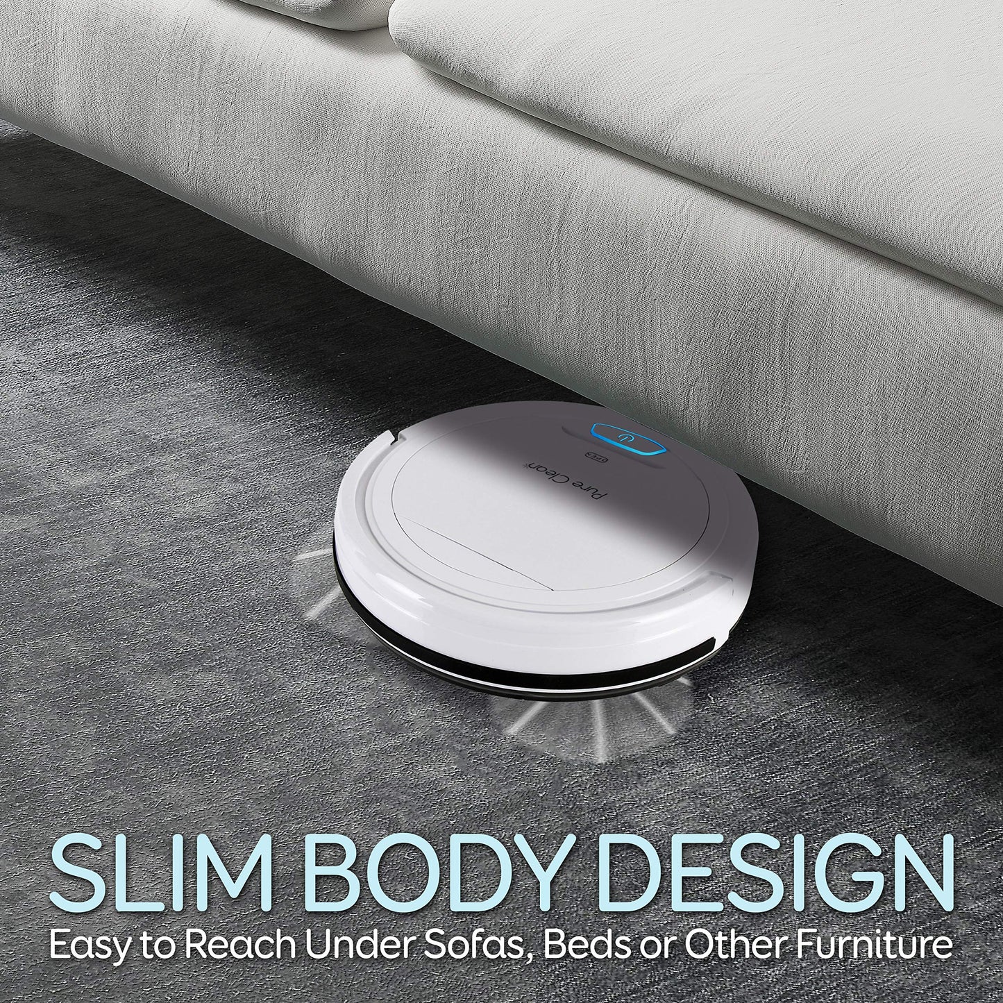 Pure Clean Robot Vacuum Cleaner - Upgraded Lithium Battery 90 Min Run Time - Automatic Bot Self Detects Stairs Pet Hair Allergies Friendly Robotic Home Cleaning for Carpet Hardwood Floor