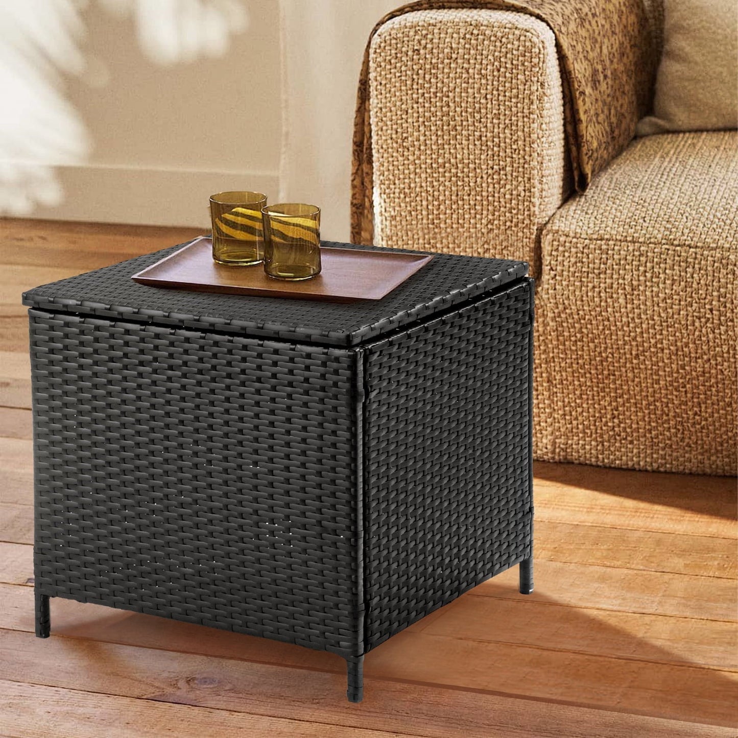 Black PE Rattan Outdoor Side Table with Storage - Square Patio End Table for Furniture Covers, Gardening Tools, and Toys