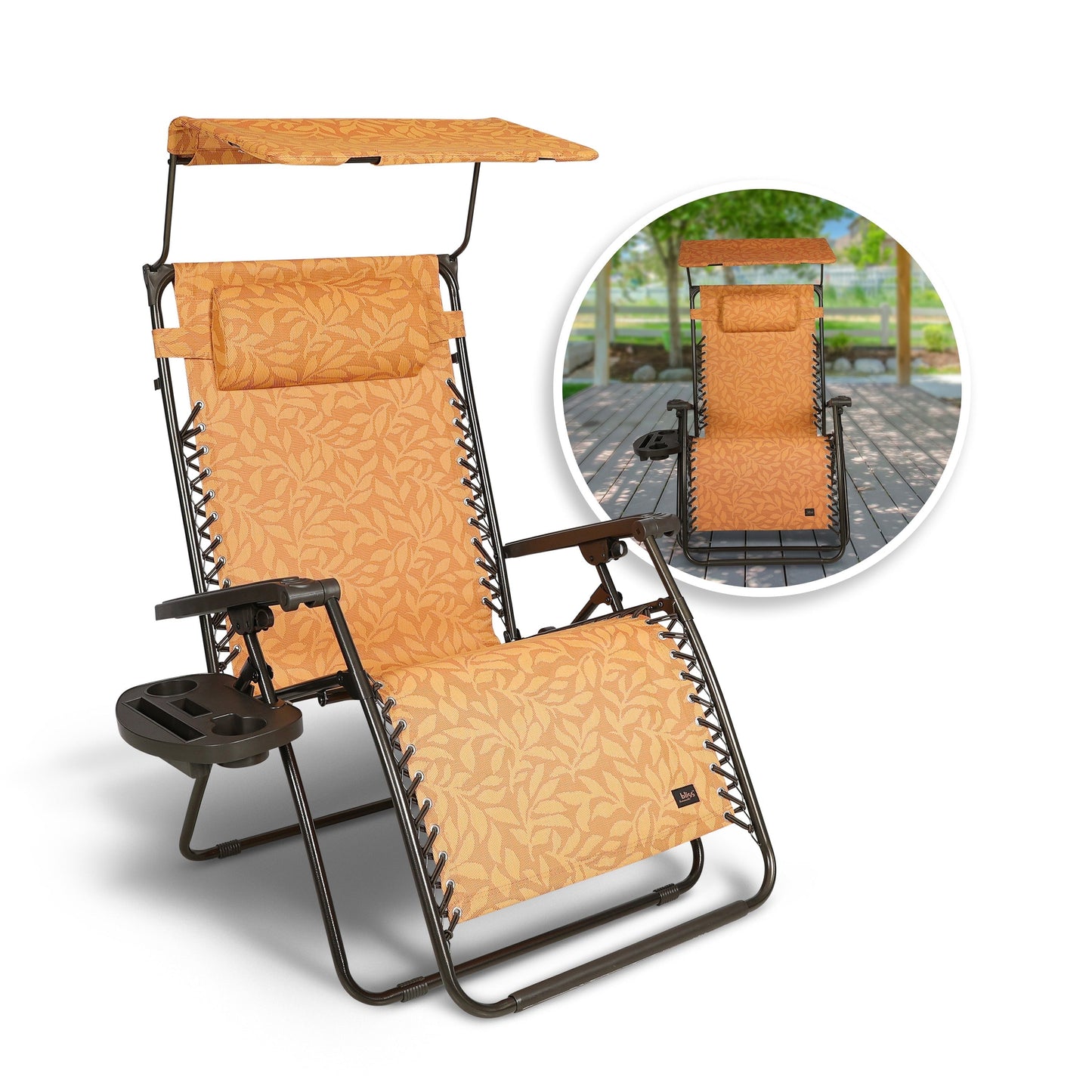Bliss Hammocks 32 in. Wide Gravity Free Chair W/ Canopy, Drink Tray, & Pillow, Weather & Rust Resistant, 360 Lb. Capacity - Amber Leaf