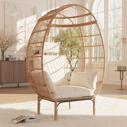 Danolapsi Wicker Egg Chair Outdoor, Oversized Egg-Shaped Chair with Metal Frame Stand, 500 Lbs Capacity Oversized Attan Egg Lounge Chairs for Patio, Backyard, Living Room