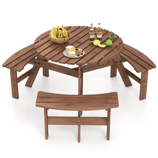 Gymax 6-Person Round Picnic Table Set w/ 3 Built-in Benches 2'' Umbrella Hole Brown