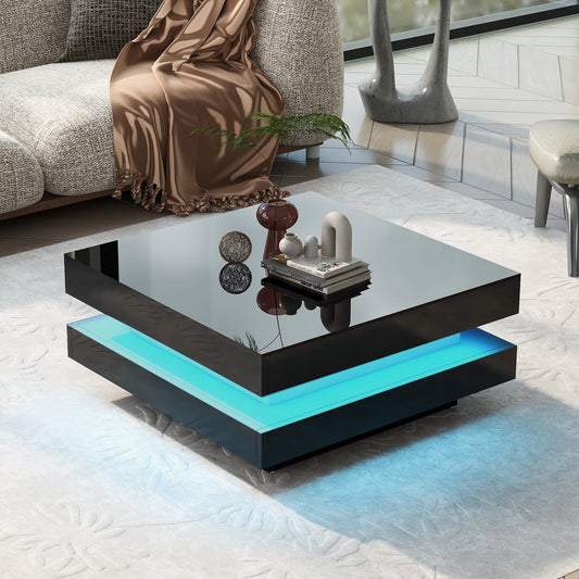 High Gloss Minimalist Design with LED Lights, 2-Tier Square Coffee Table, Center Table for Living Room