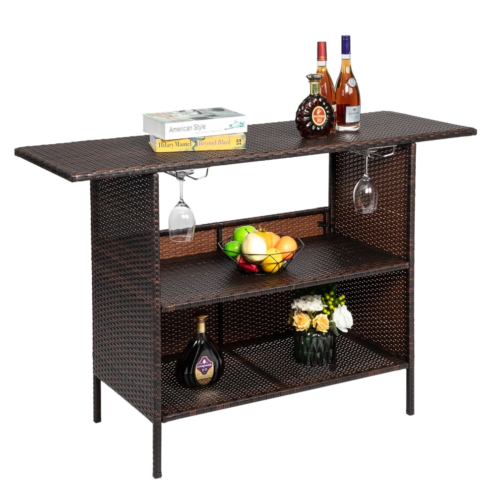 HiiKaa Patio Wicker Bar Table,Outdoor Rattan Counter Table with Steel Storage Shelves & Wine Rack for Party,Picnic,Poolside and Backyard,Brown