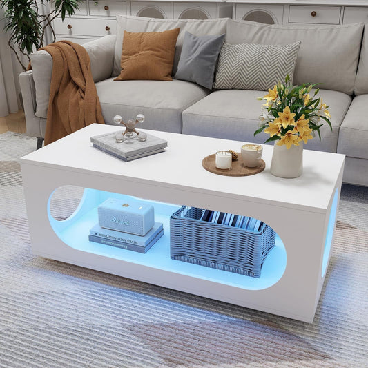 Hironpal 43" White Led Coffee Table for Living Room, Modern Living Room Table Rectangular Contemporary Center Table with Storage, Wooden Coffee Tables with LED Lights for Dining Reception Room