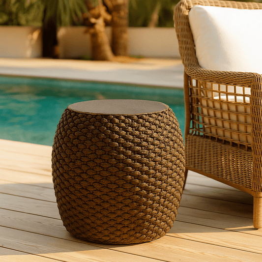 Homy Casa Faux Rattan Side Table for Poolside Lounge or Patio Balcony Relaxation, Brown