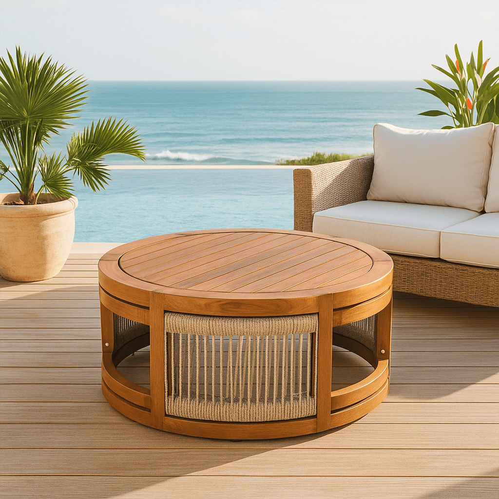 Homy Casa Round Outdoor Coffee Table for Poolside Patio Lounge, Coastal Style, Natural Wood Look