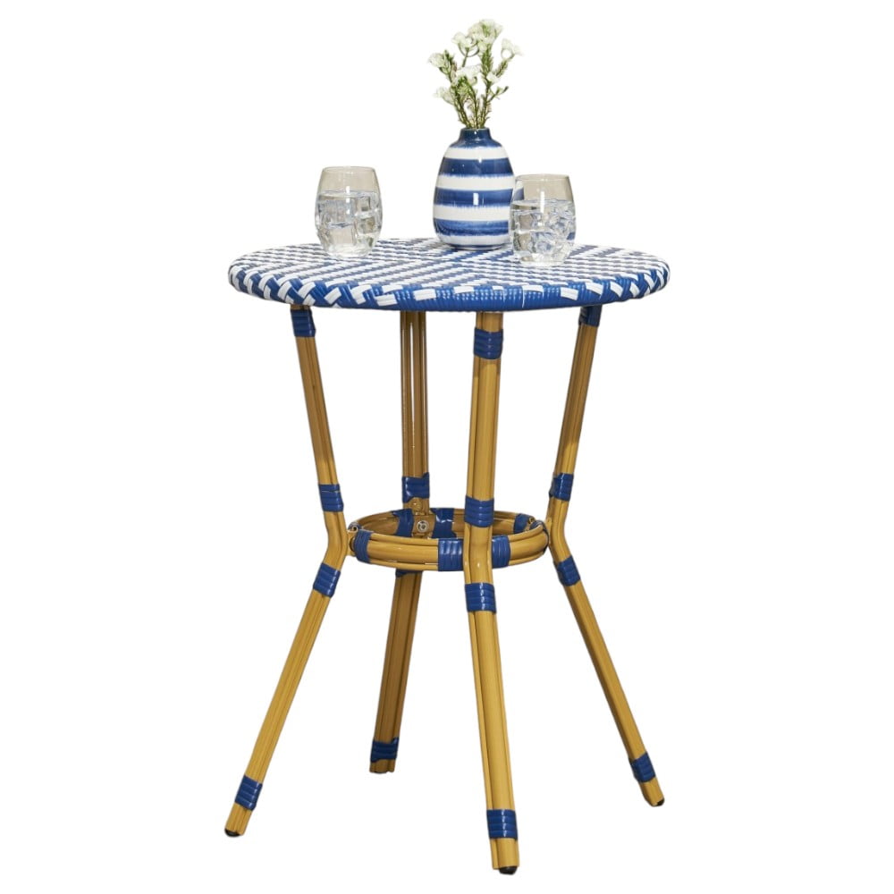 IVV 21.75” Round Bistro Dining Table with Aluminum Frame and Rattan Top in Blue/White, French Country Style for Indoor/Outdoor Use