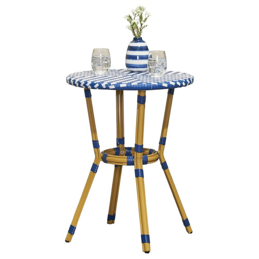 IVV 21.75” Round Bistro Dining Table with Aluminum Frame and Rattan Top in Blue/White, French Country Style for Indoor/Outdoor Use
