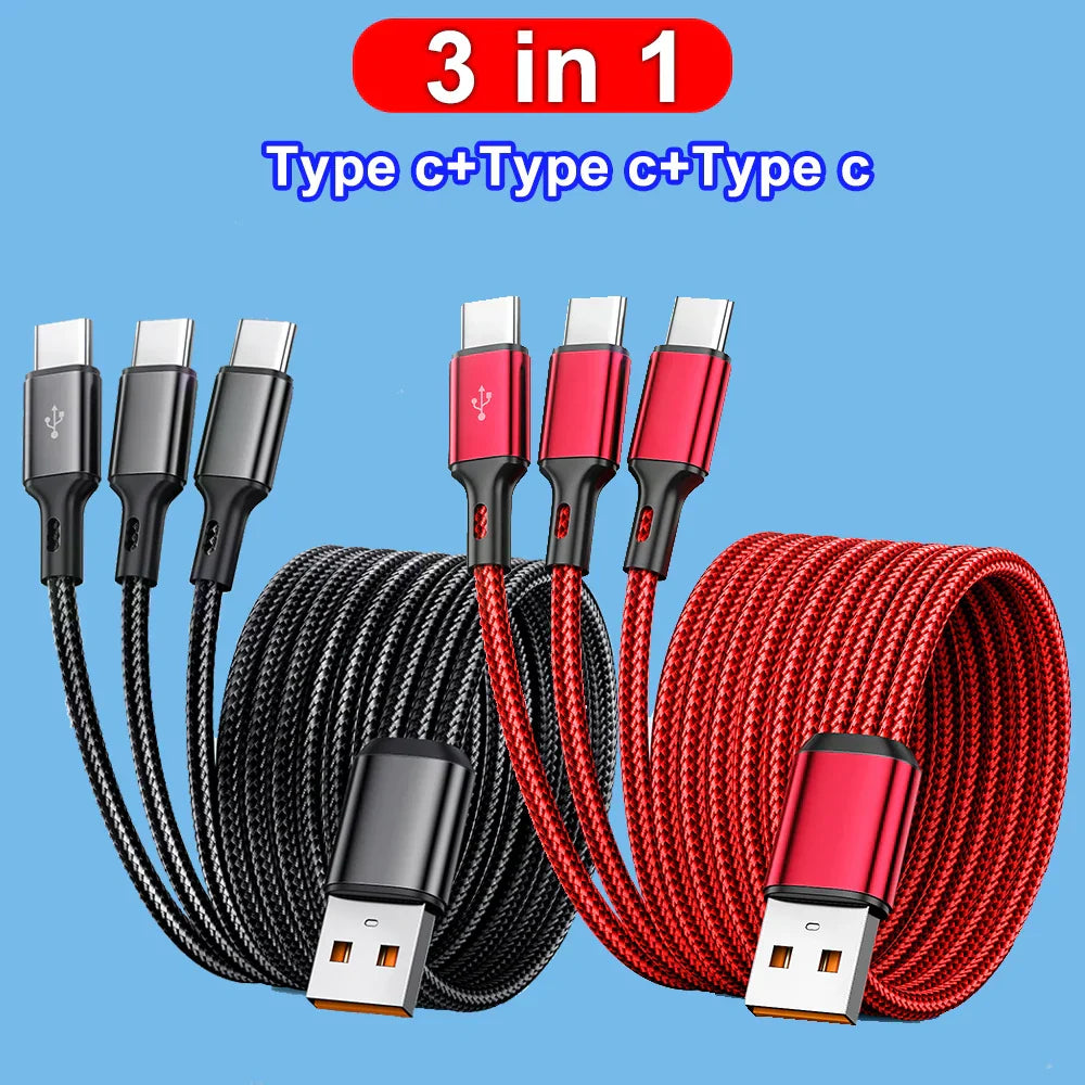 3-in-1 USB-A to 3×Type-C 100W Cable