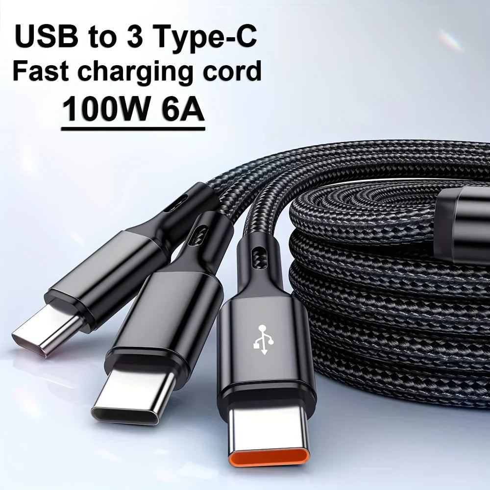 3-in-1 USB-A to 3×Type-C 100W Cable
