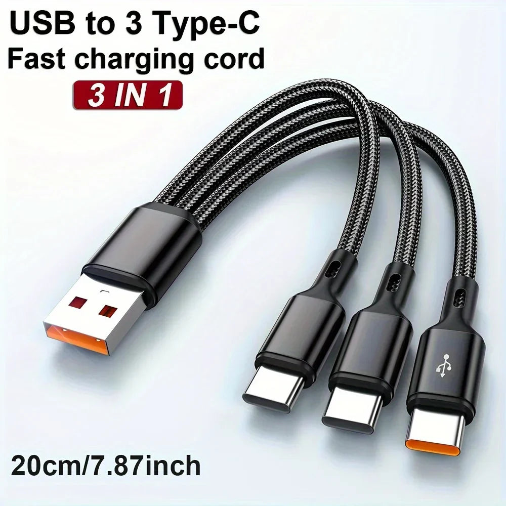 3-in-1 USB-A to 3×Type-C 100W Cable
