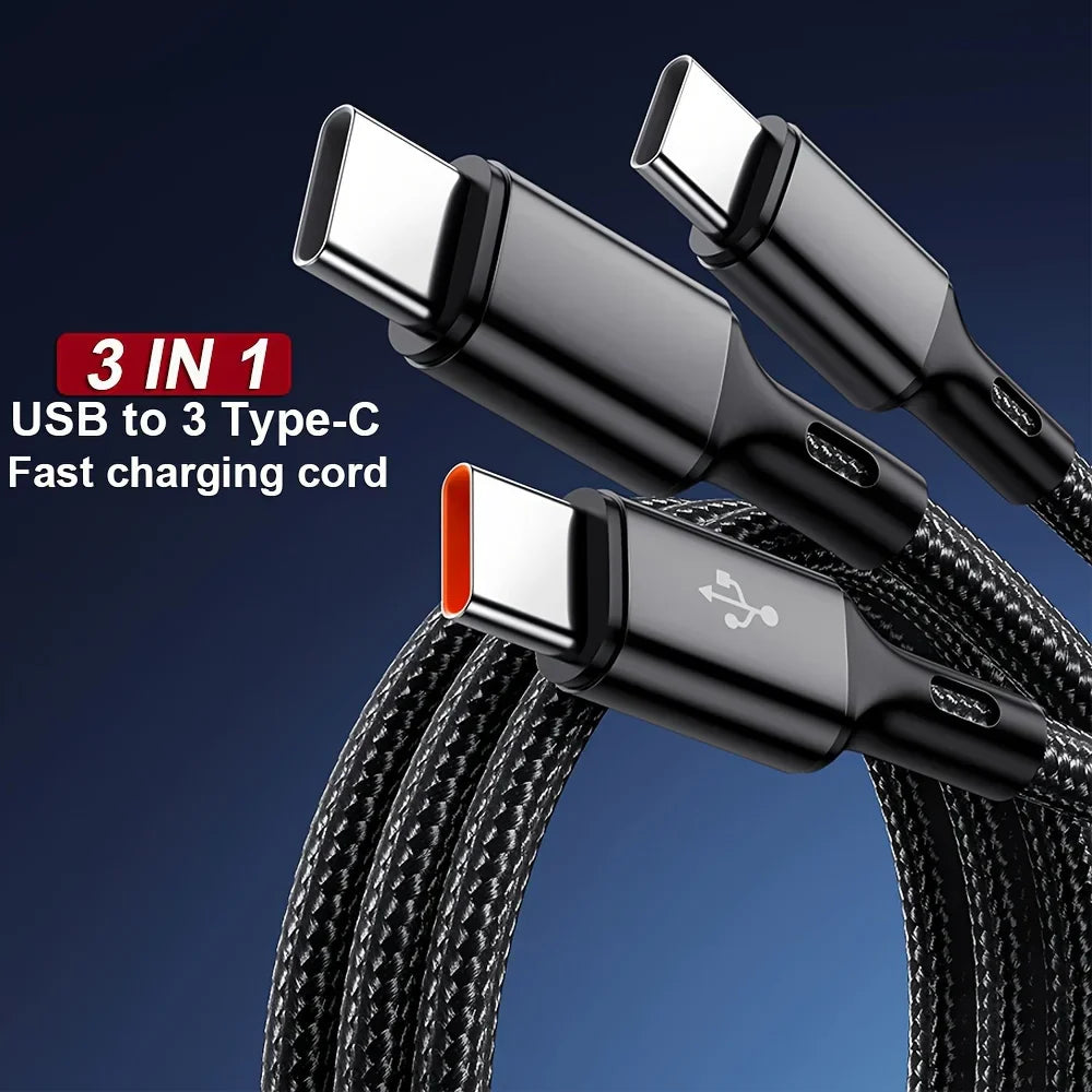 3-in-1 USB-A to 3×Type-C 100W Cable