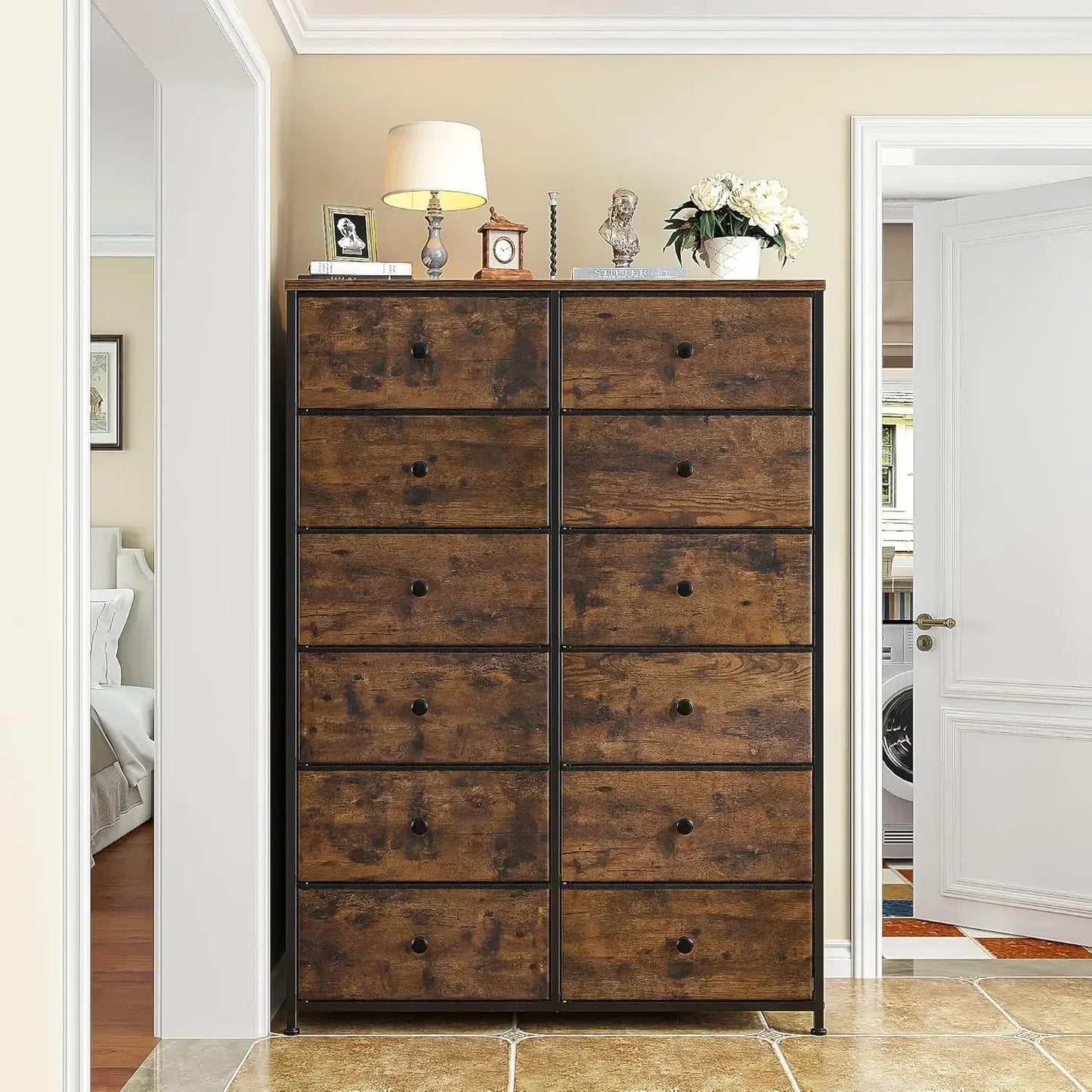 12-Drawer Tall Dresser with Wood Top