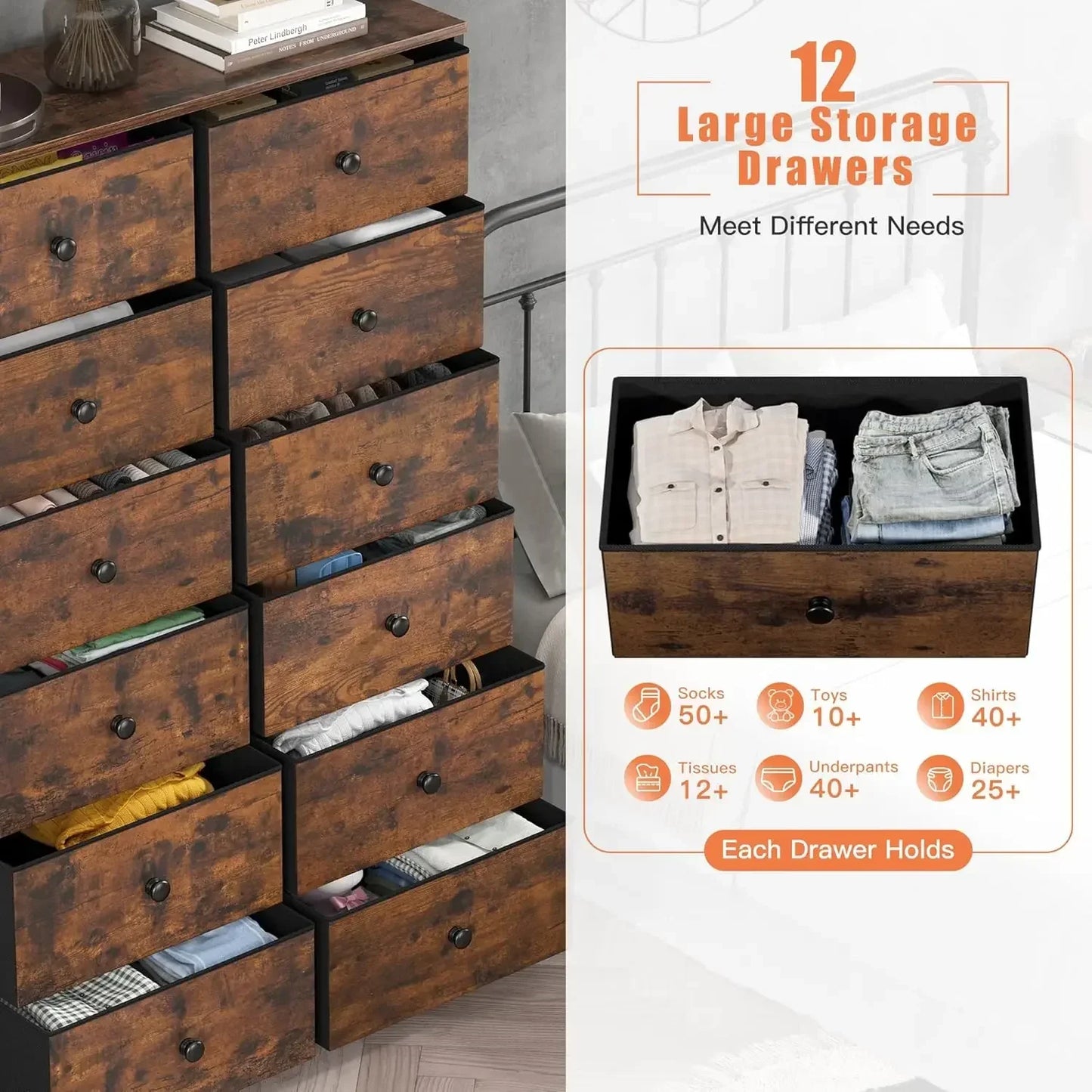 12-Drawer Tall Dresser with Wood Top