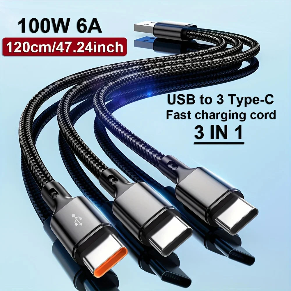 3-in-1 USB-A to 3×Type-C 100W Cable