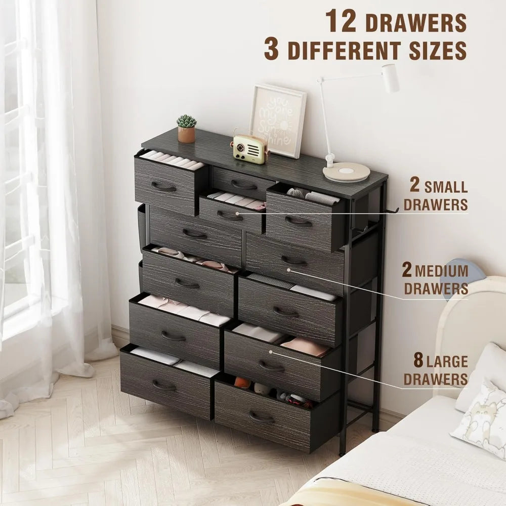 Black 12-Drawer Dresser with Hooks