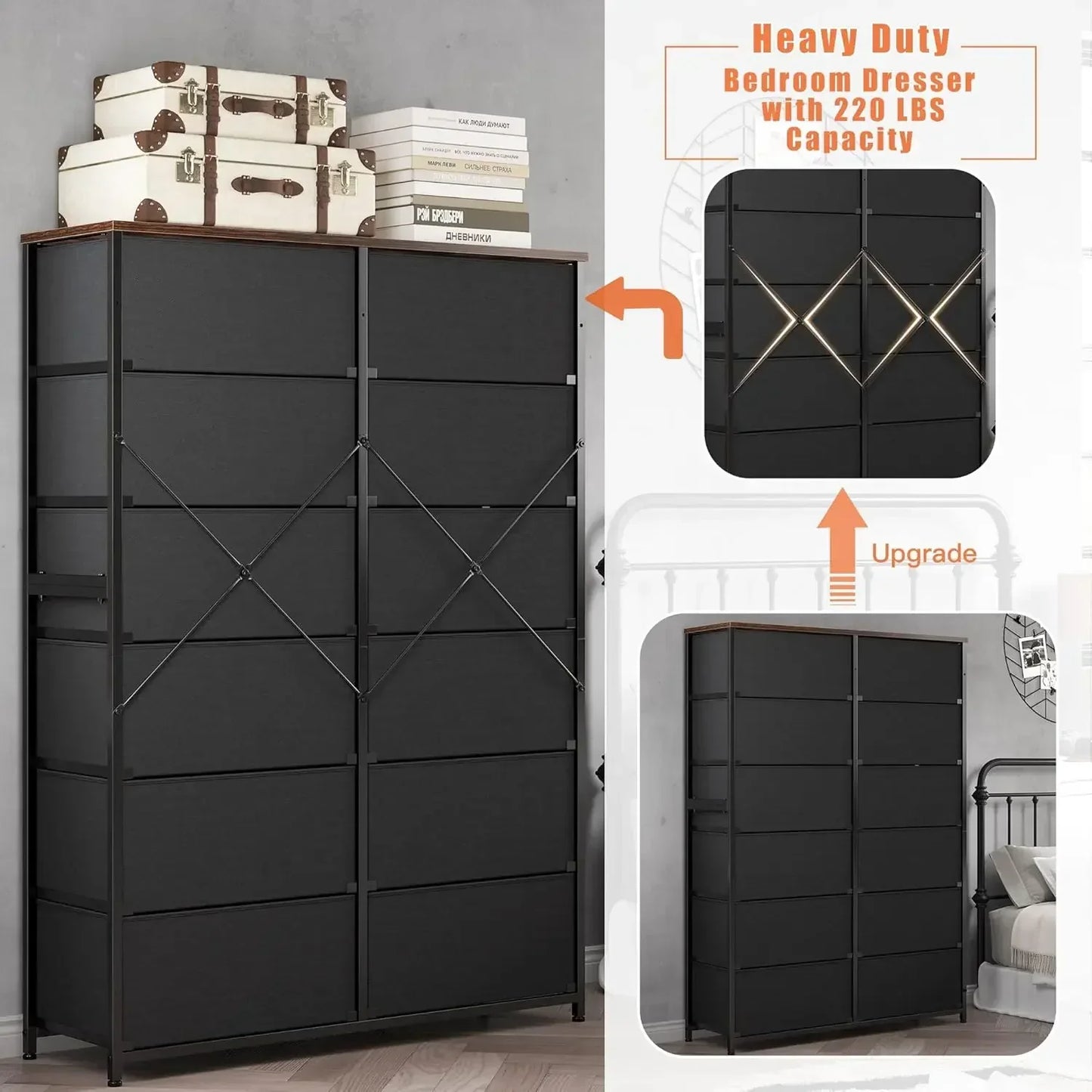 12-Drawer Tall Dresser with Wood Top