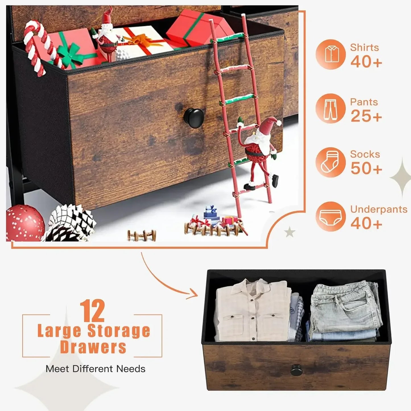 12-Drawer Tall Dresser with Wood Top