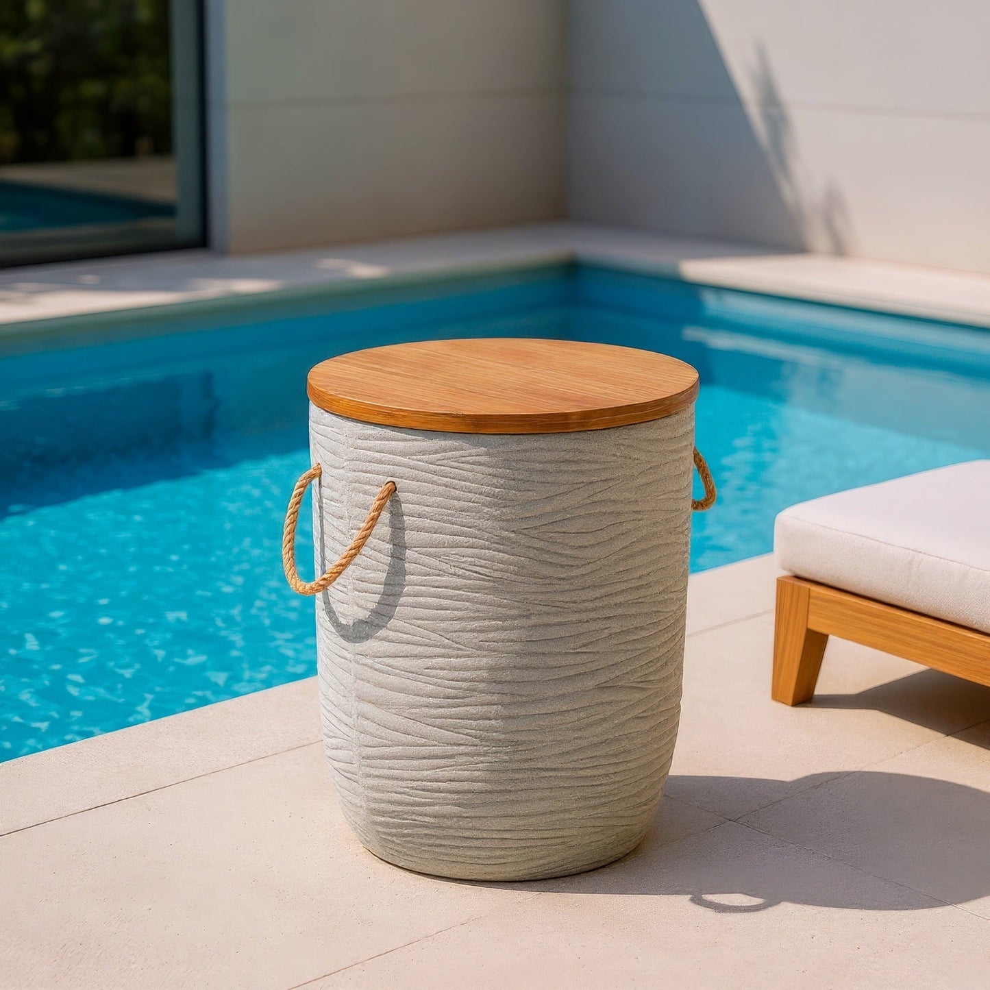 Biban Side Table Natural & Gray End Table, Modern Style, Brushed Acacia Wood round shape tabletop, Super Poly-Stone, Outdoor Living