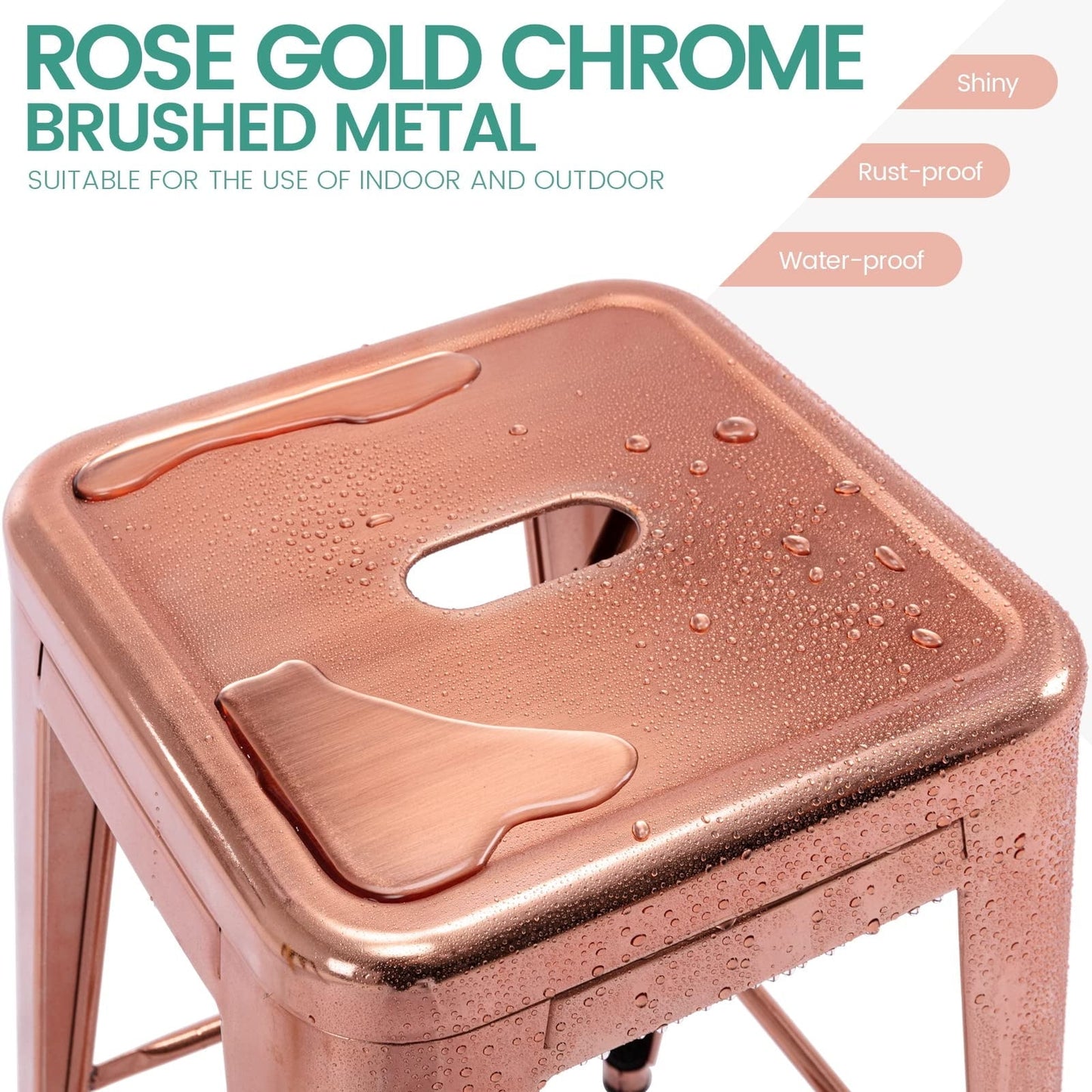 24 Inch Metal Bar Stools Set of 2, Stackable Backless Industrial Stools for Indoor Outdoor Kitchen Dining Patio Garden Classroom (Rose Gold)