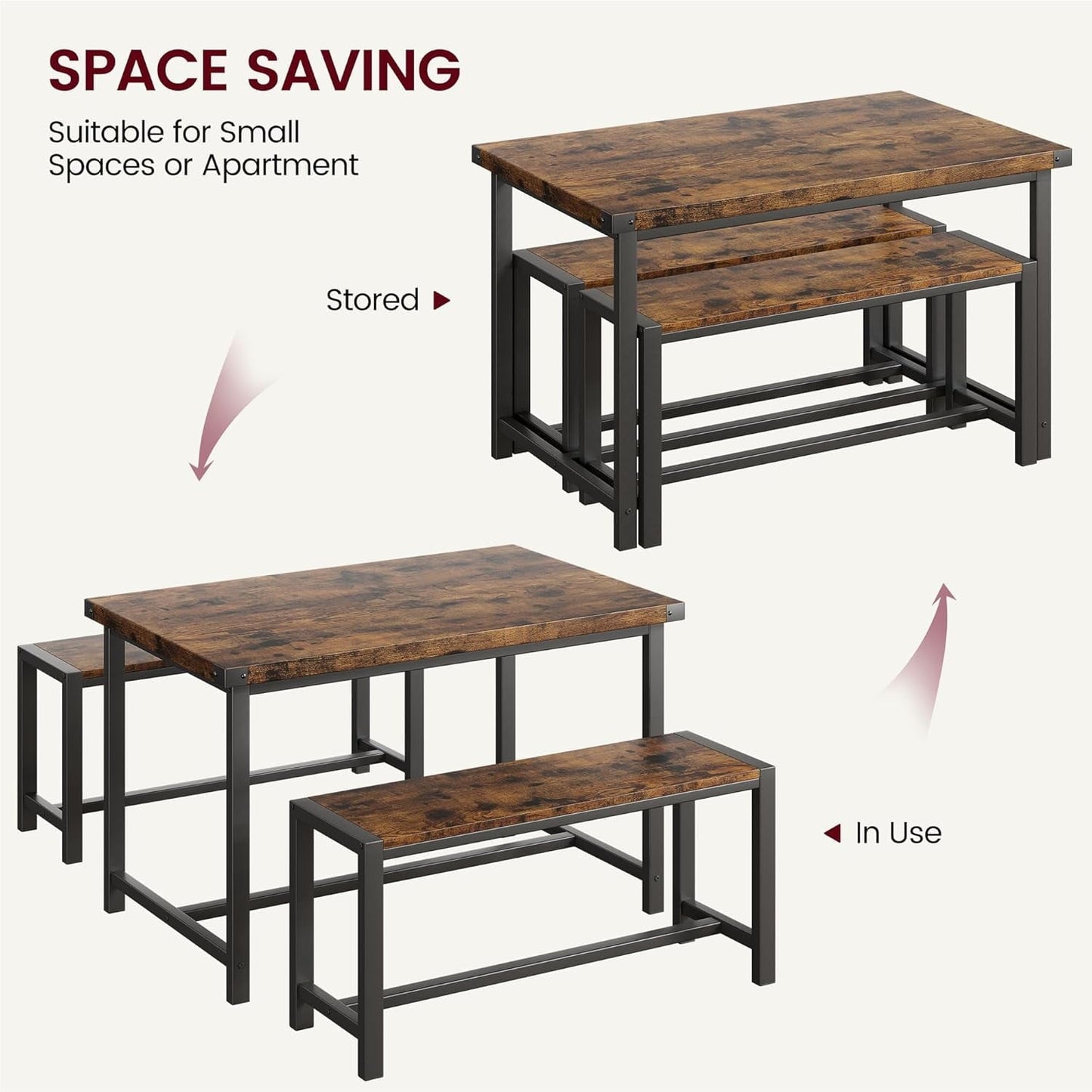 3 Piece Dining Table Set for 4 with Space-Saving Benches, Tabletop, Steel Frame, Modern Farmhouse Kitchen Table for Small Spaces ‎Rustic Brown