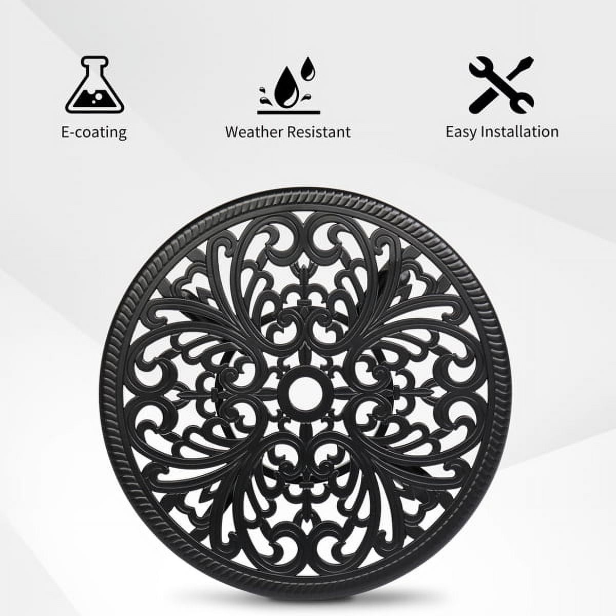 Black Cast Aluminum Outdoor Round Table with Phoenix Cutout, 23.6" Dia, 2" Umbrella Hole & Adjustable Feet for Patio Garden