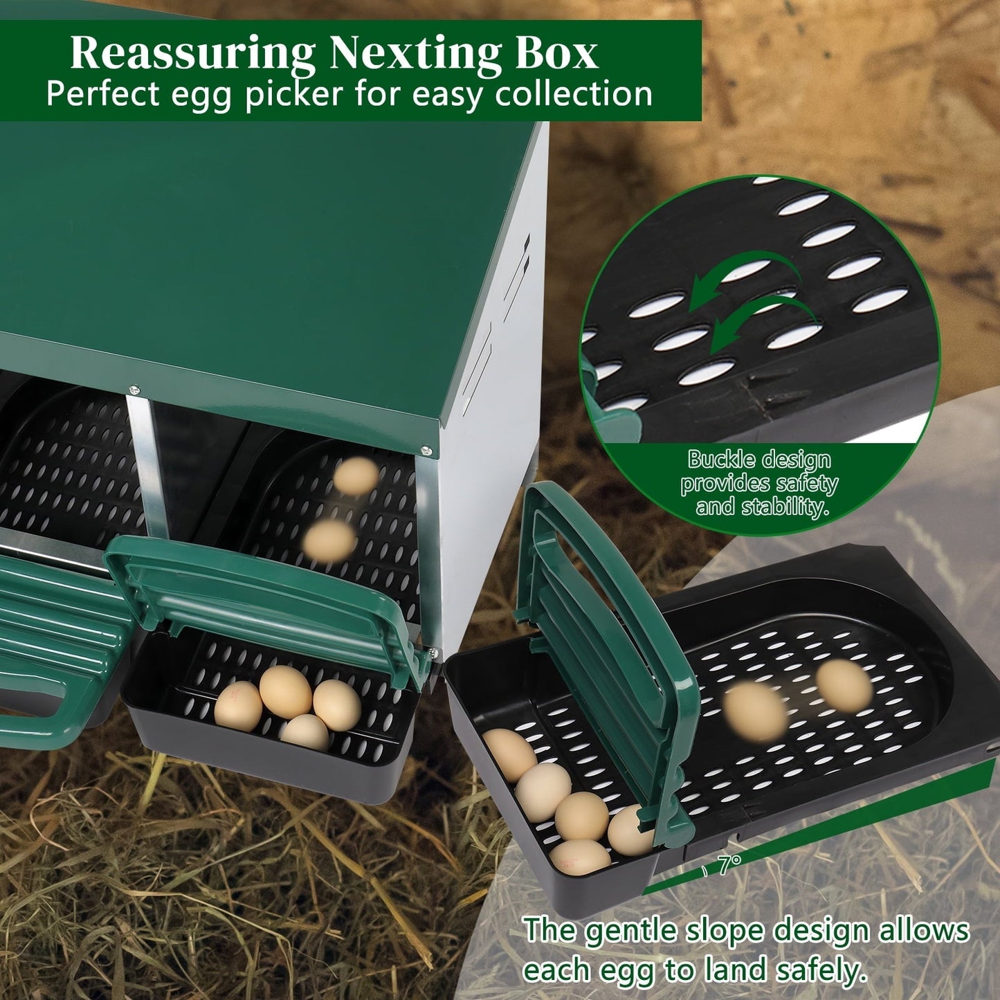 3 Compartment Roll Out Chicken Nesting Box w/ Plastic Basket - Steel Frame 31.9x20.1x18.5in（Green）