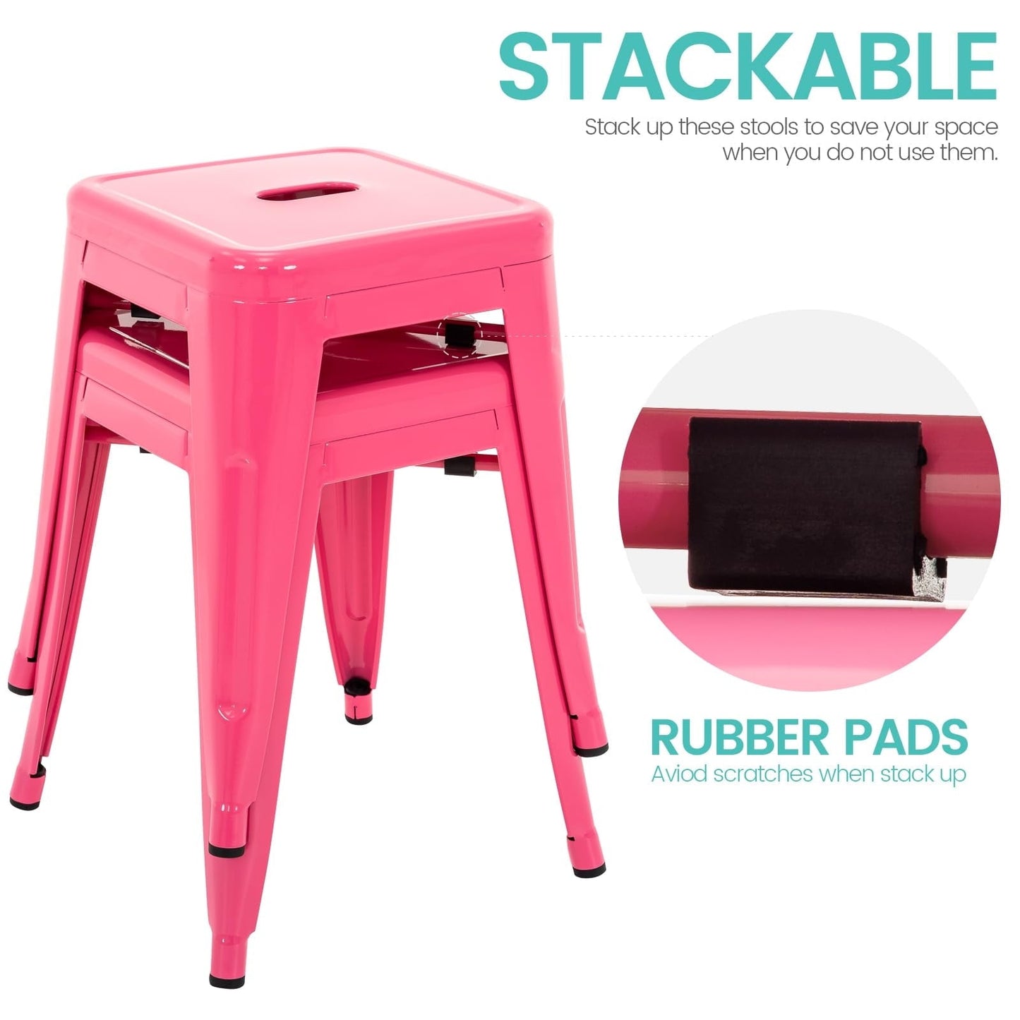 18 Inch Bar Stools Set of 2, Stackable Backless Industrial Metal Barstools for Indoor Outdoor Kitchen Dining Patio Garden Classroom (Hot Pink)
