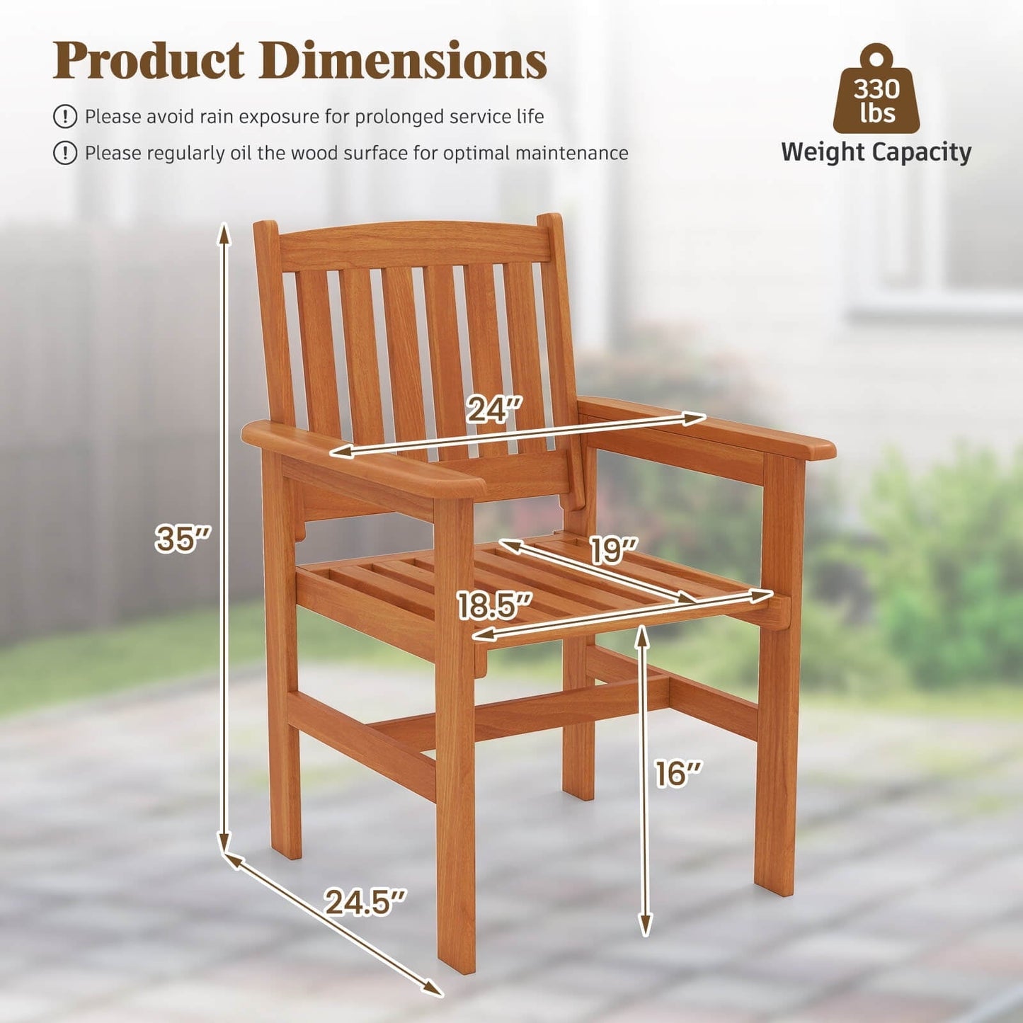 Costway Patio Chairs Set of 2 Outdoor Wooden Dining Chairs with Inclined Backrests