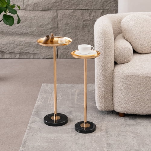 2 Pcs Adjustable Side Table, Small Tea Martini Table, Gold, Natural Marble Decorative Pedestal End Table for Display and Storage
