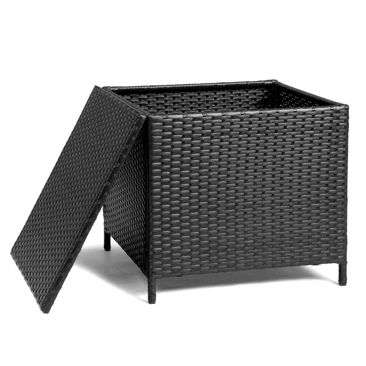 27-Gallon Outdoor PE Wicker Side Table with Storage, All-Weather, Dual-Function, Steel Frame, Black