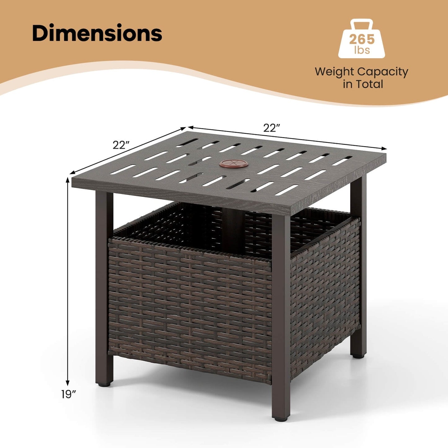 Costway Outdoor Side Table with 1.93" Umbrella Hole Zinc-iron Alloy Tabletop for Poolside