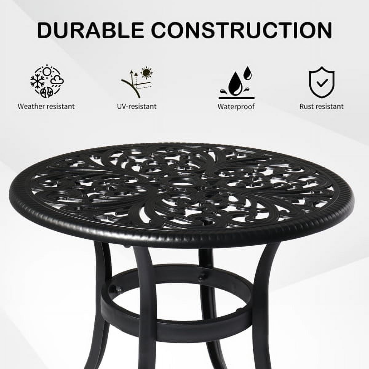 Black Cast Aluminum Outdoor Round Table with Phoenix Cutout, 23.6" Dia, 2" Umbrella Hole & Adjustable Feet for Patio Garden