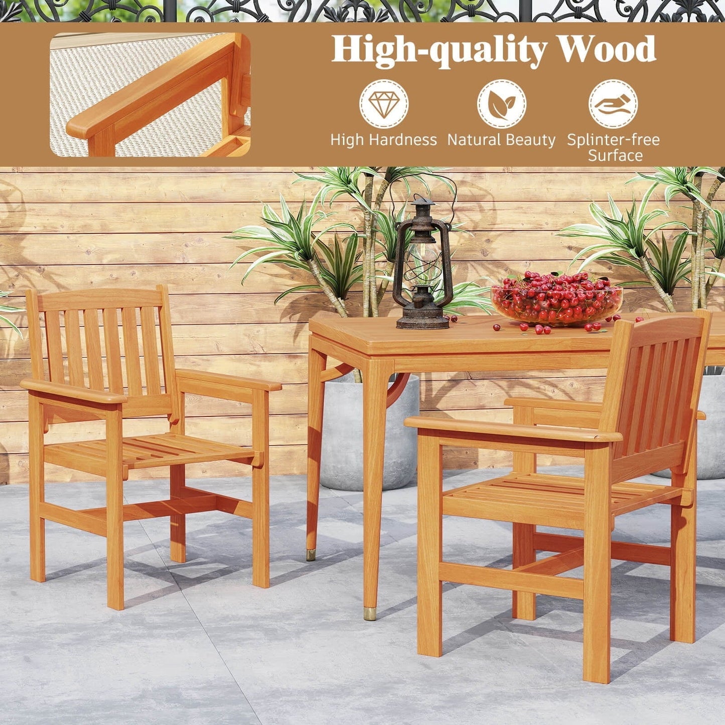 Costway Patio Chairs Set of 2 Outdoor Wooden Dining Chairs with Inclined Backrests