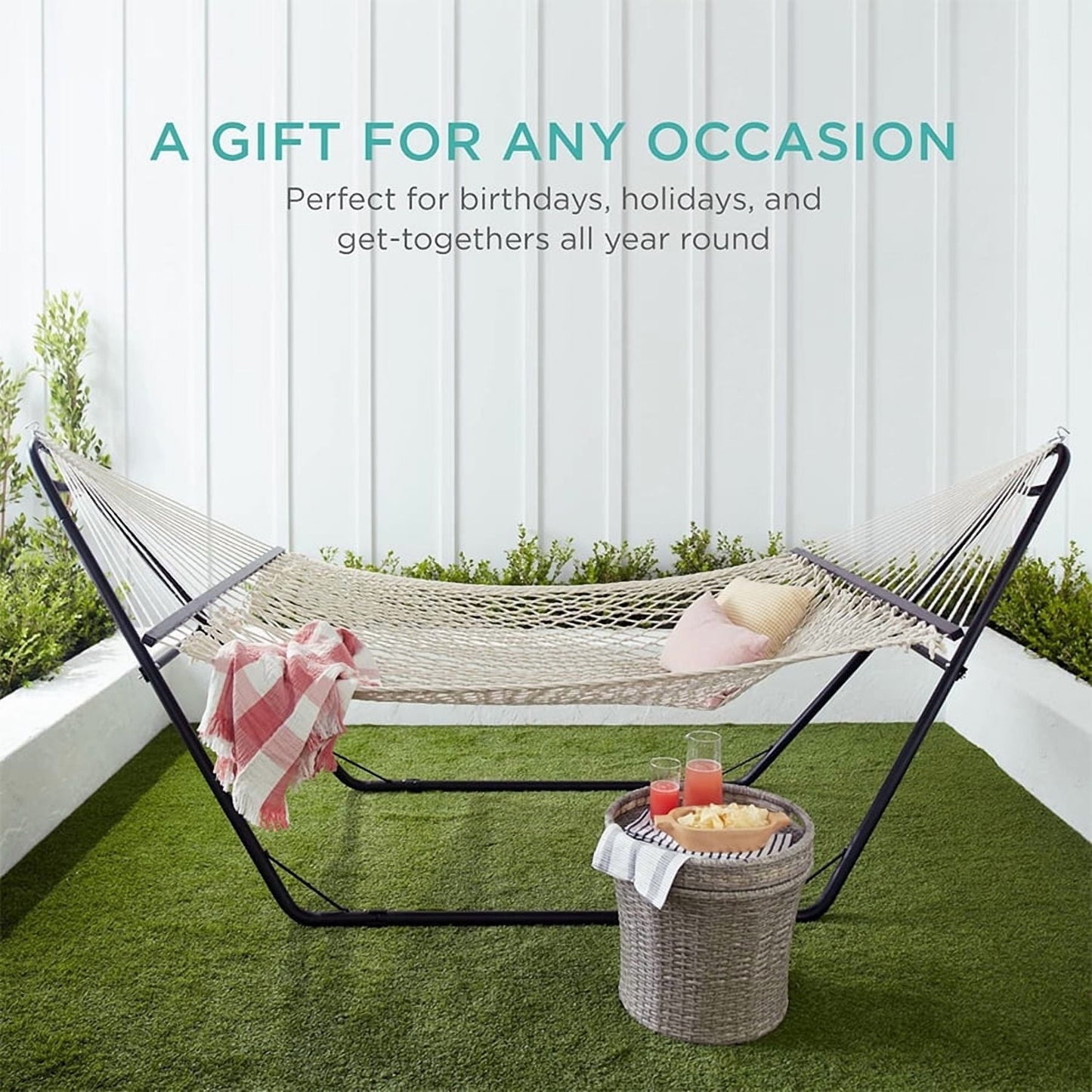 Heavy Duty Beach Hammock with Crossbars and Removable Pillow - 450 lb Capacity, Quilted Fabric Outdoor Hammock for Patio, Backyard, Poolside - Includes Chains for Easy Hanging