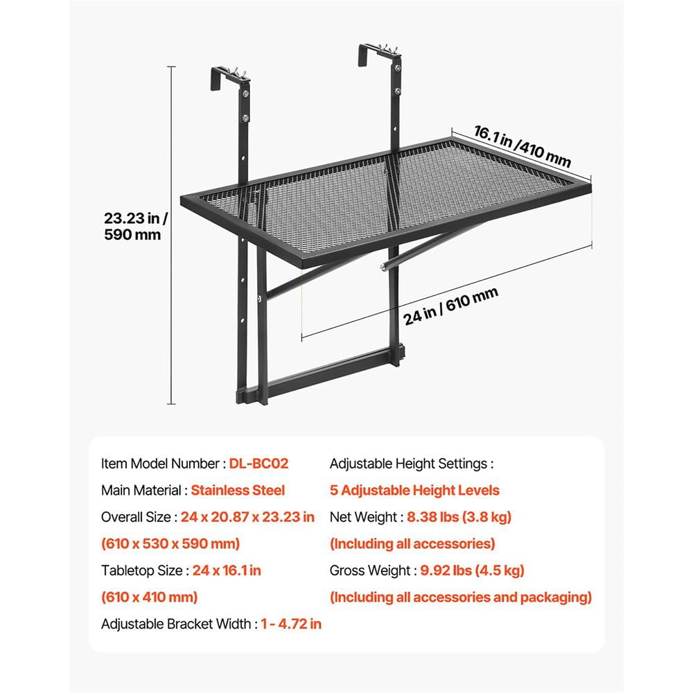 GVN Outdoor Metal Balcony Table 19x24, Hanging Patio Railing, Durable & Sturdy, Perfect for Deck, Porch, Easy Assembly