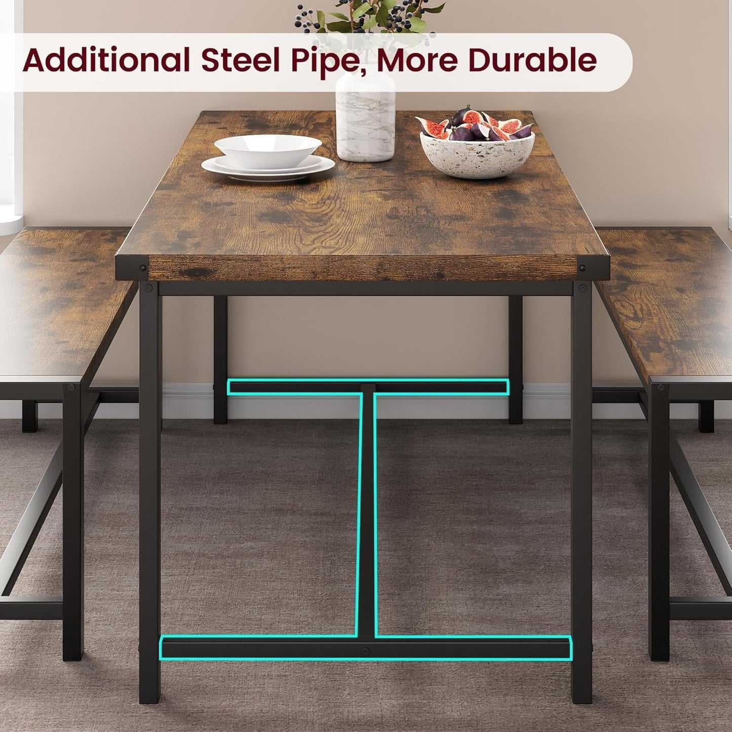 3 Piece Dining Table Set for 4 with Space-Saving Benches, Tabletop, Steel Frame, Modern Farmhouse Kitchen Table for Small Spaces ‎Rustic Brown