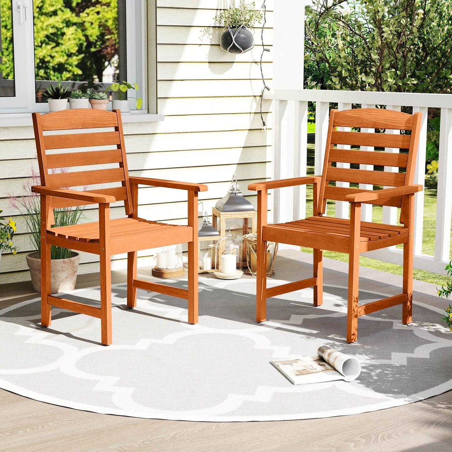 Costway Patio Chairs Set of 2 with Inclined Backrests and Slatted Seats for Deck