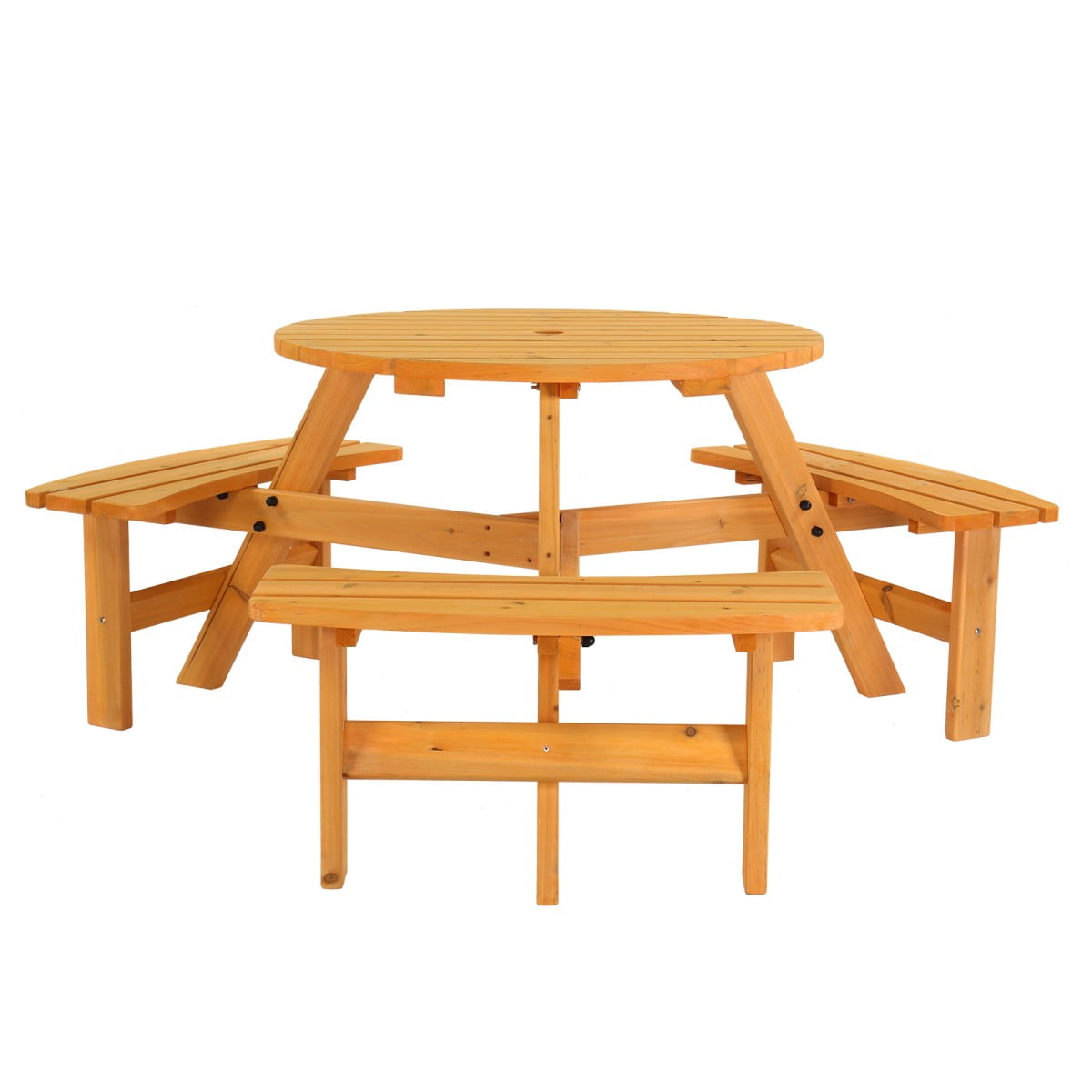IVV 6-Person Round Wooden Picnic Table with 3 Built-In Benches, Outdoor Patio Dining Table with 2" Umbrella Hole, Fir Wood Picnic Table for Garden, Backyard, Park (Natural)