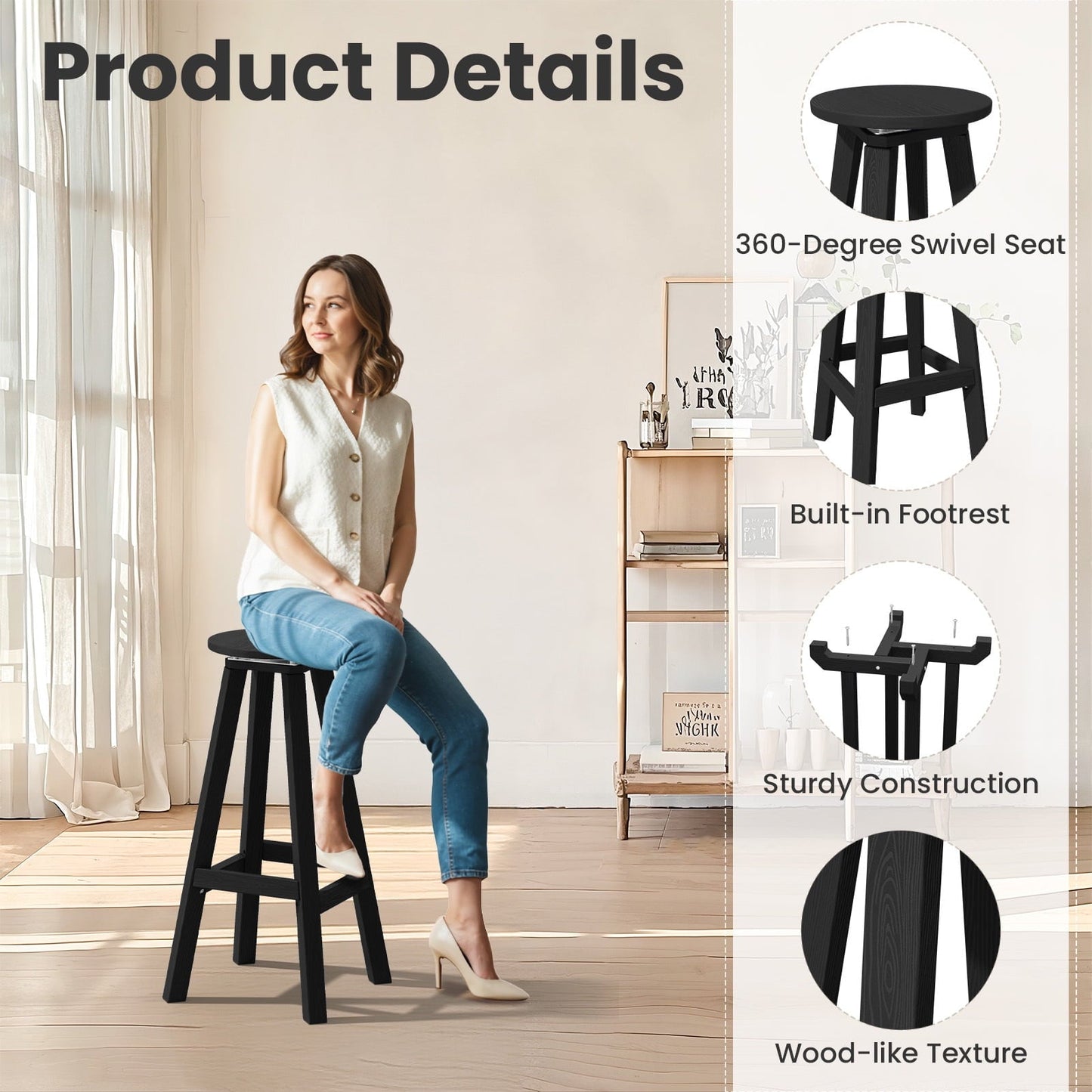 3-Piece Outdoor Bar Set – Weather-Resistant HDPE Bistro Furniture with Bar-Height Table & 2 Swivel Stools for Patio, Poolside, or Indoor Use,Black