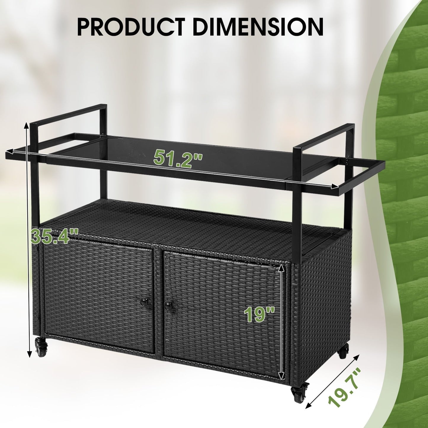 HiiKaa Large Outdoor Kitchen Wicker Island,Rolling Cart & Patio Bar Table with Wheels and Black Glass Table Top for Backyard,Poolside,Black