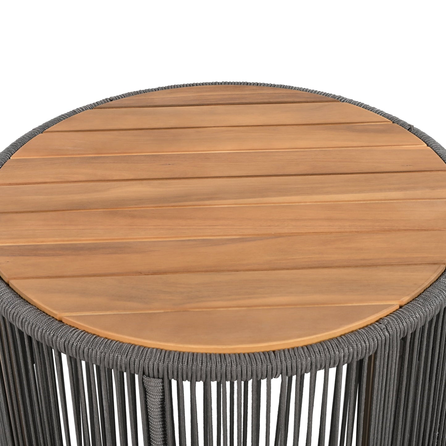 26" Round Acacia Wood Coffee Table with Grey Rope Accents, Rustic Outdoor Patio Table for Garden & Balcony