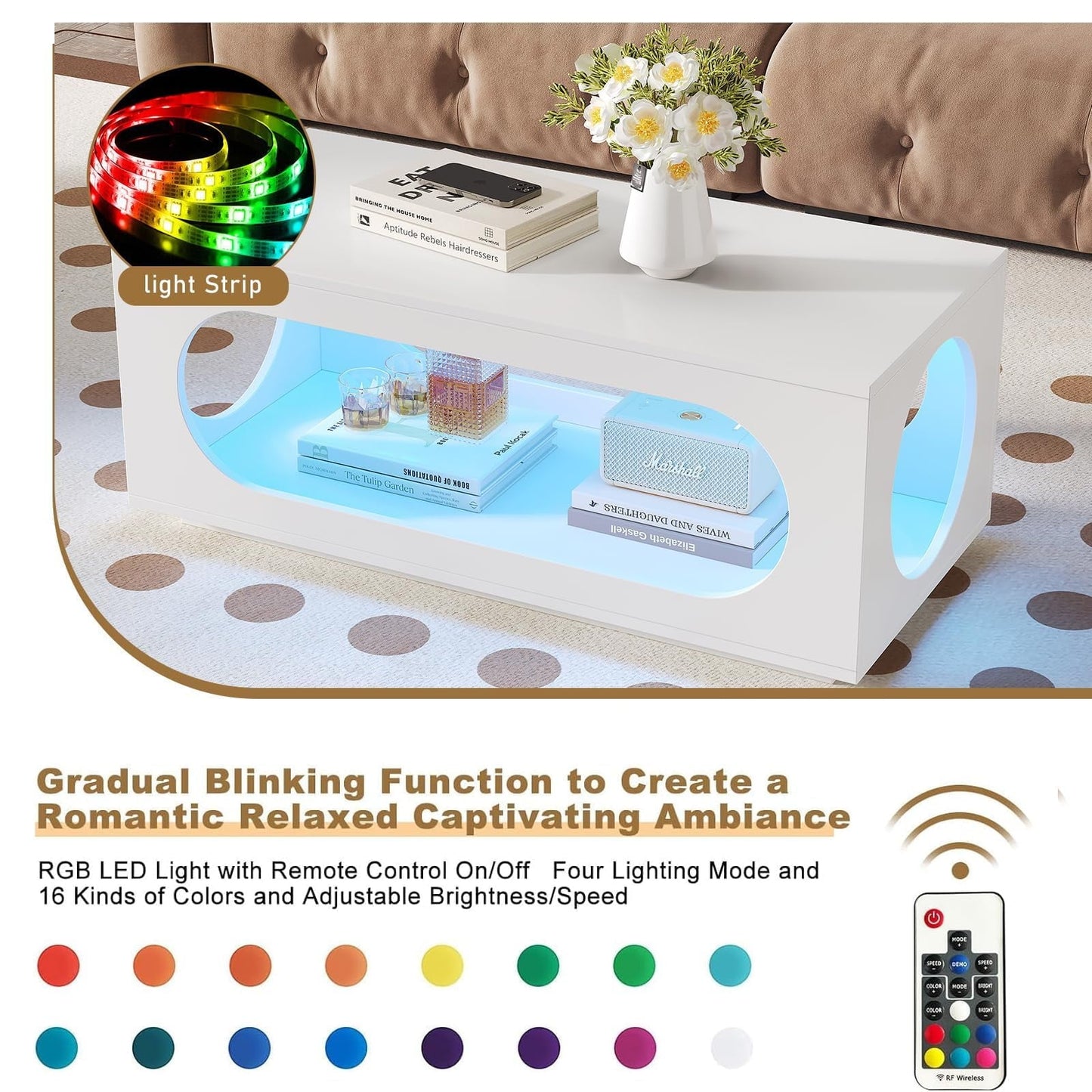 Hironpal 43" White Led Coffee Table for Living Room, Modern Living Room Table Rectangular Contemporary Center Table with Storage, Wooden Coffee Tables with LED Lights for Dining Reception Room