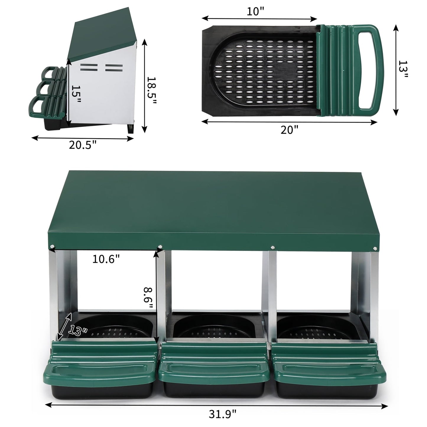 3 Compartment Roll Out Chicken Nesting Box w/ Plastic Basket - Steel Frame 31.9x20.1x18.5in（Green）