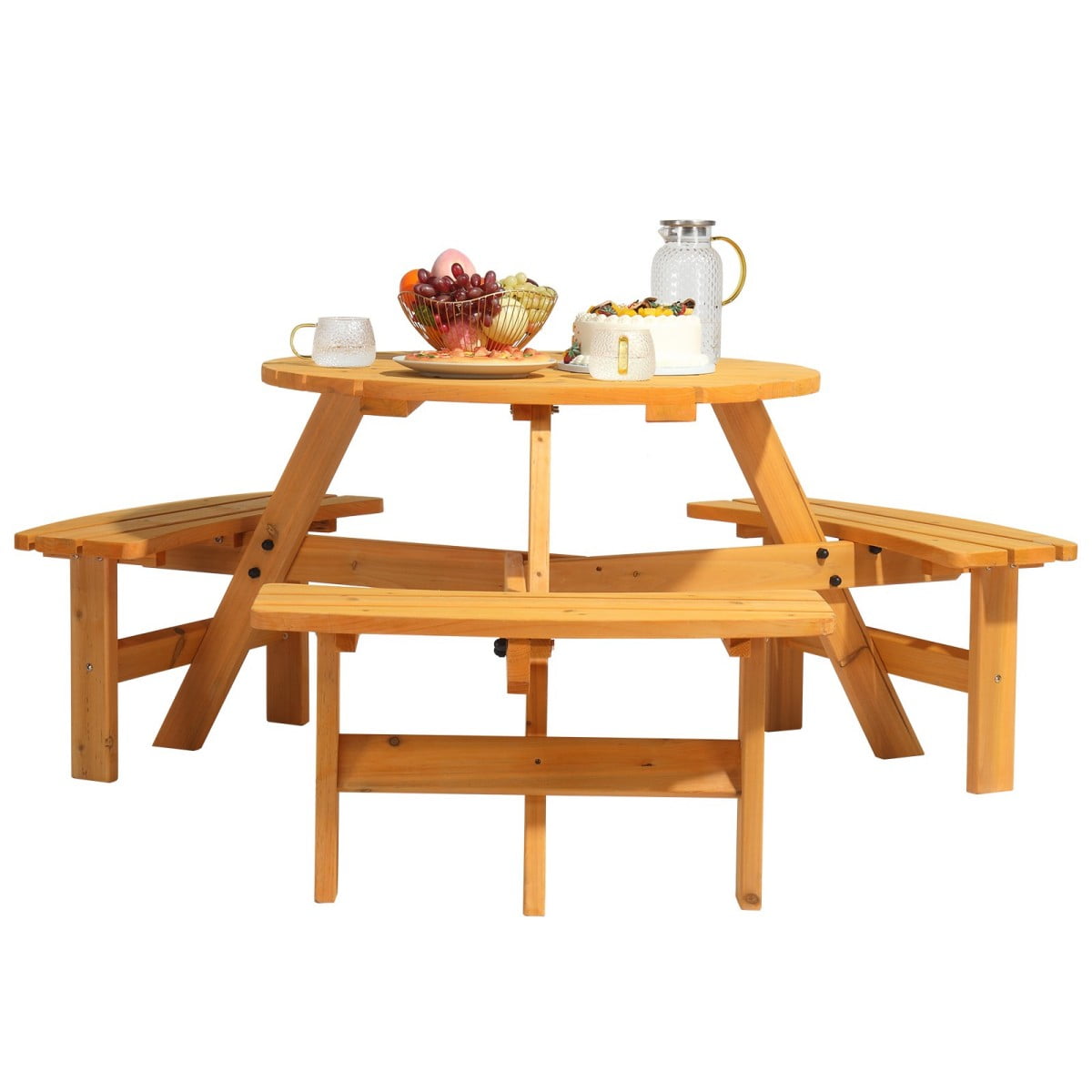 IVV 6-Person Round Wooden Picnic Table with 3 Built-In Benches, Outdoor Patio Dining Table with 2" Umbrella Hole, Fir Wood Picnic Table for Garden, Backyard, Park (Natural)