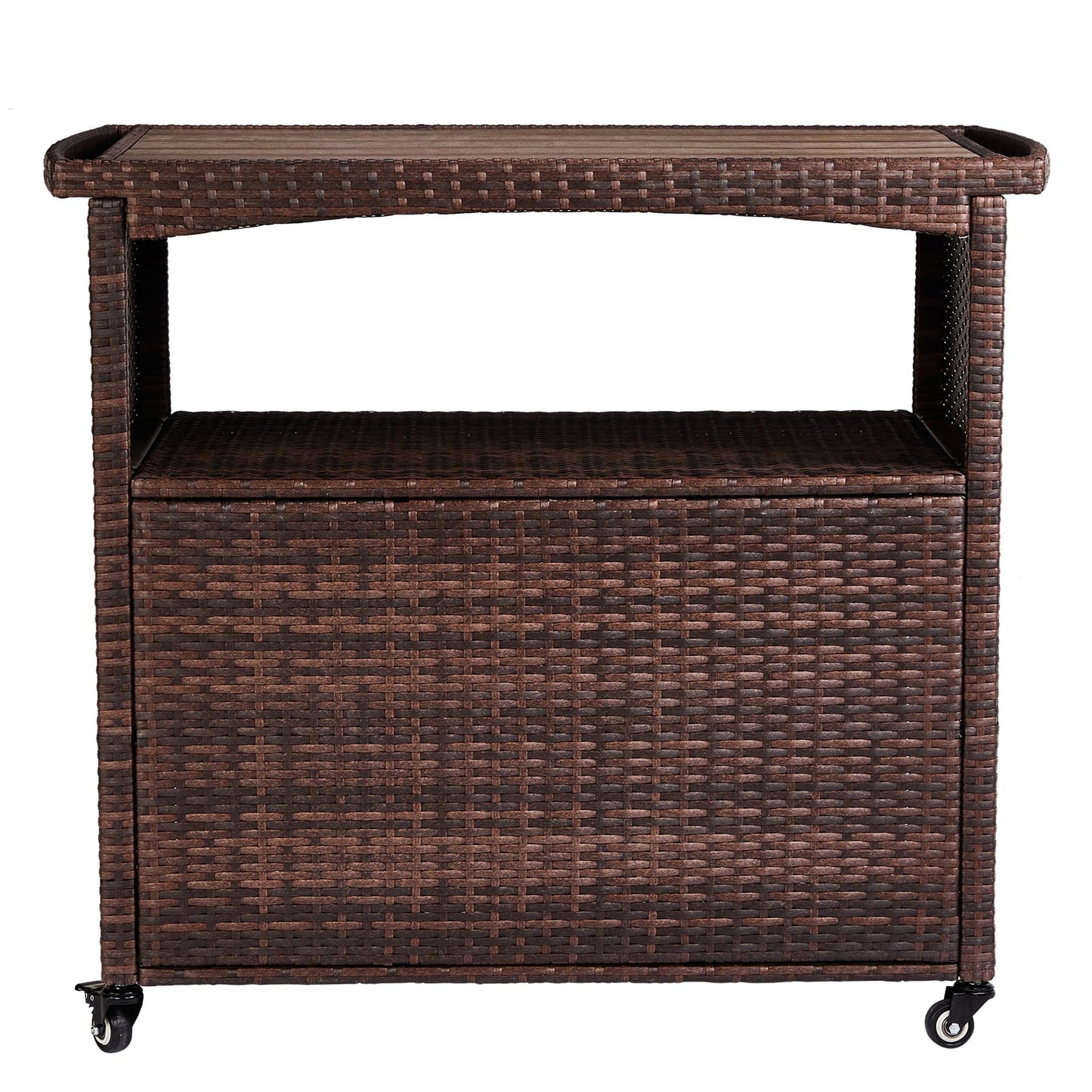 HiiKaa Outdoor Bar Cart with Storage Cabinet,Patio Wicker Sideboard Buffet Cabinet Prep Table,Kitchen Serving Cart with Rolling Wheels,Handle,Rattan Portable Bar Table with Shelves Doors Brown